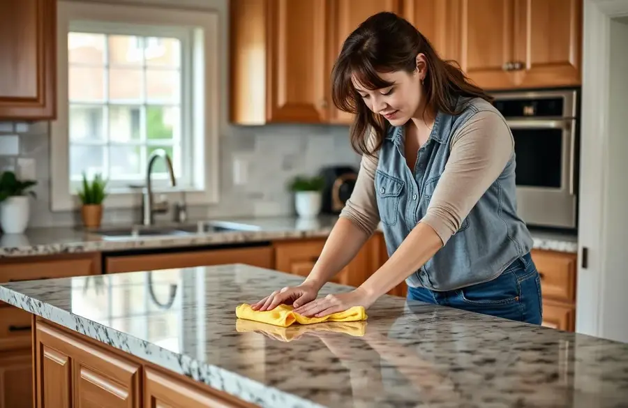 Cleaner wiping a granite kitchen island with a microfiber cloth