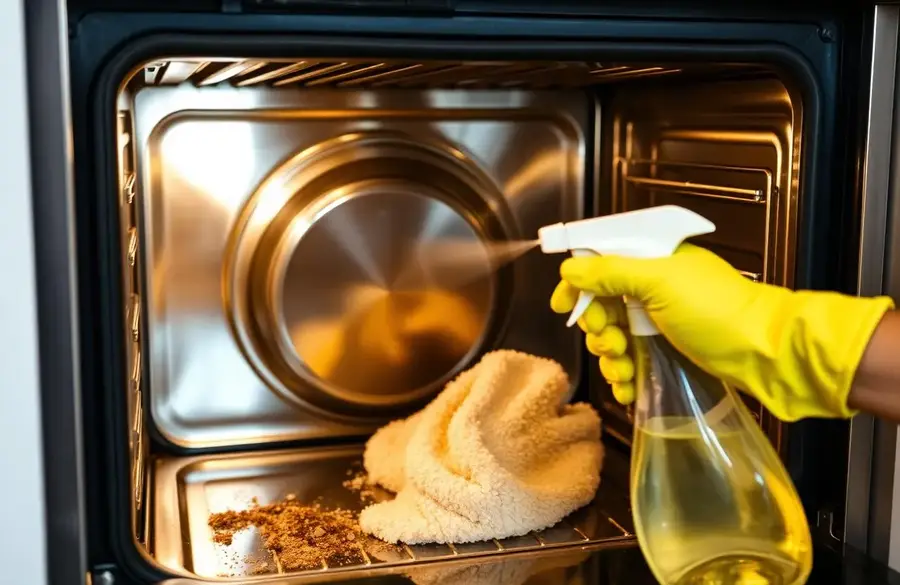 Gloved hand spraying inside a stainless steel oven