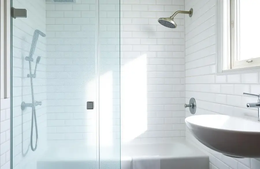 Freshly cleaned bathroom with white subway tile and glass shower