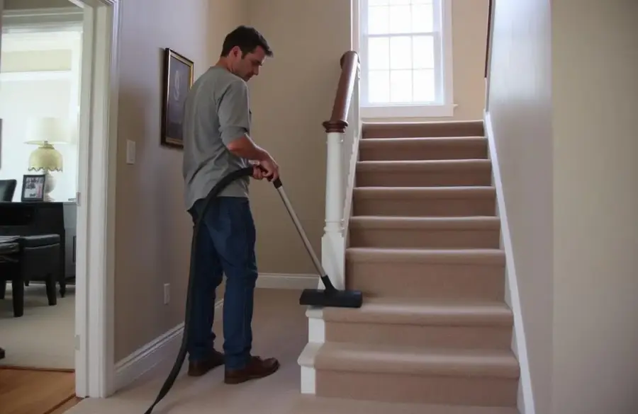 Vacuuming a beige carpeted staircase