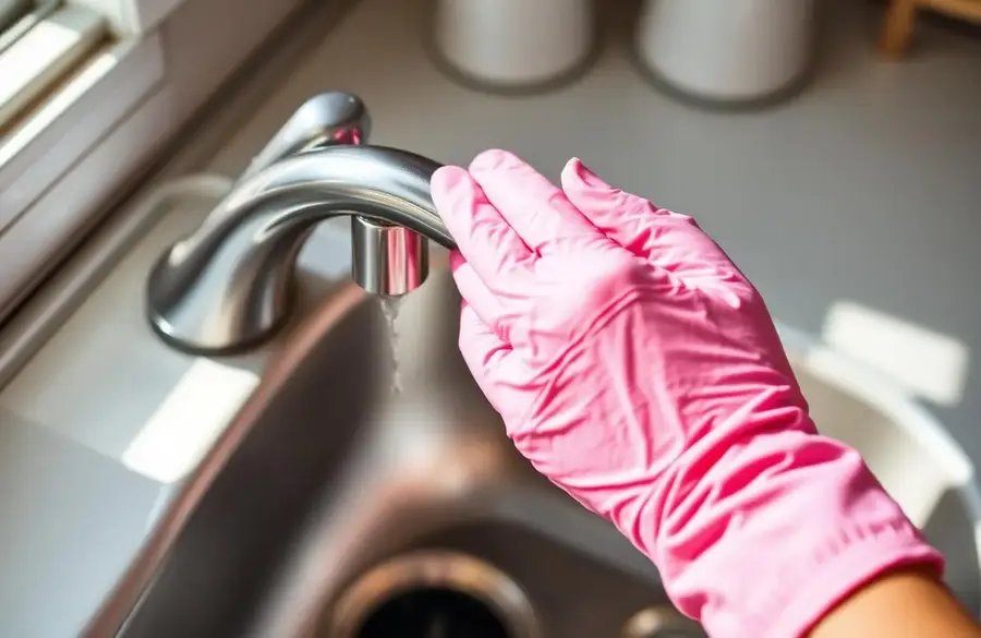 Pink-gloved hand polishing a stainless steel kitchen faucet