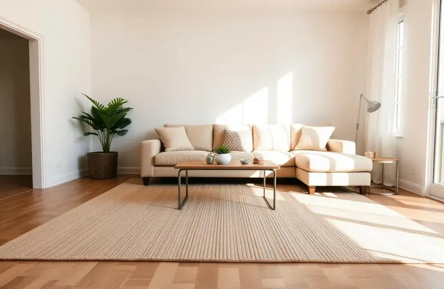 Bright living room with vacuum lines on a beige rug