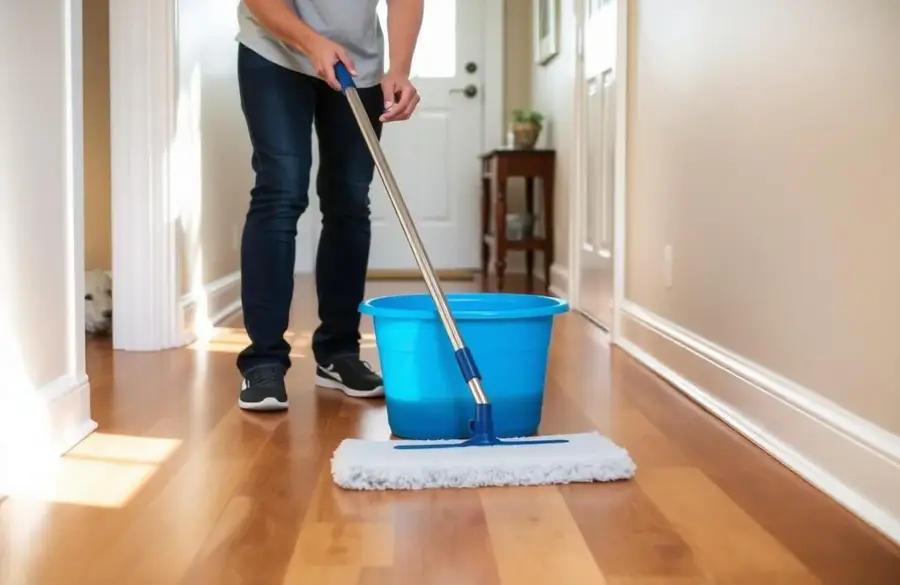 Person mopping a hardwood floor in a hallway