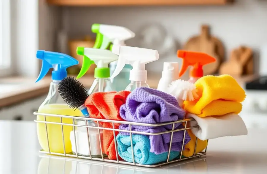 Cleaning supply caddy with color-coded microfiber cloths