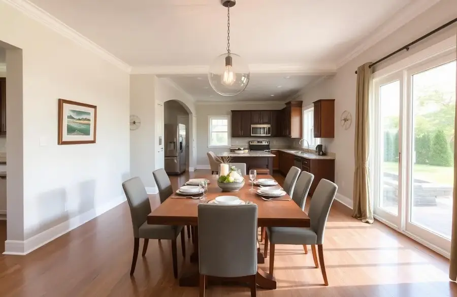 Open-plan dining room set for dinner after a clean