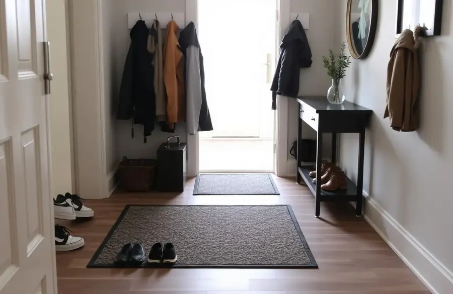 Tidy entryway with shoes on a mat and coats on hooks